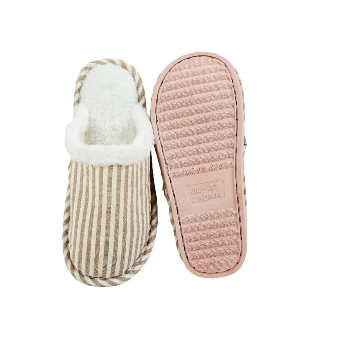 Cozy winter slippers with terrycloth cuff and striped upper; shown with outsole
