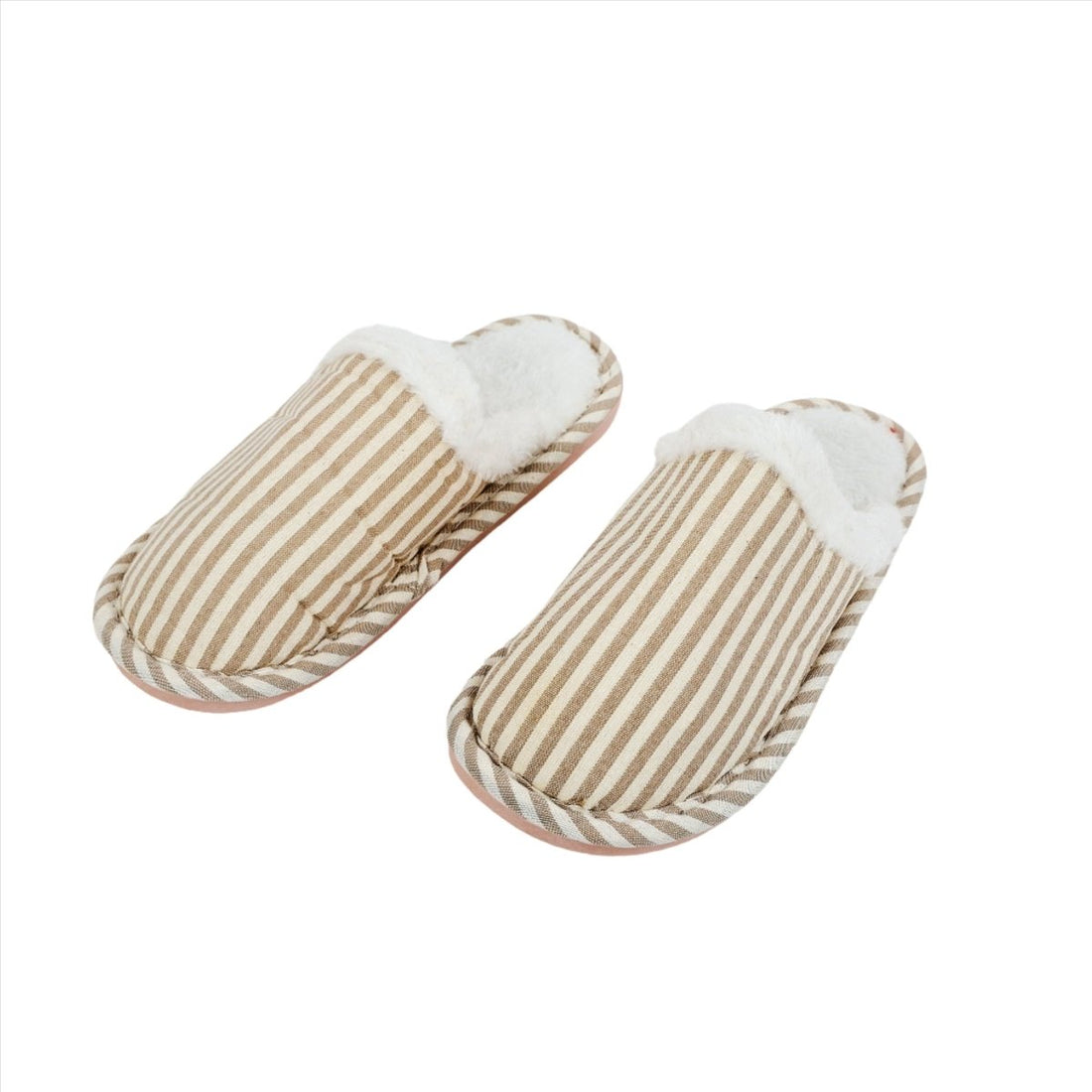 Striped cozy winter slippers, beige with white plush lining and cushioned sole