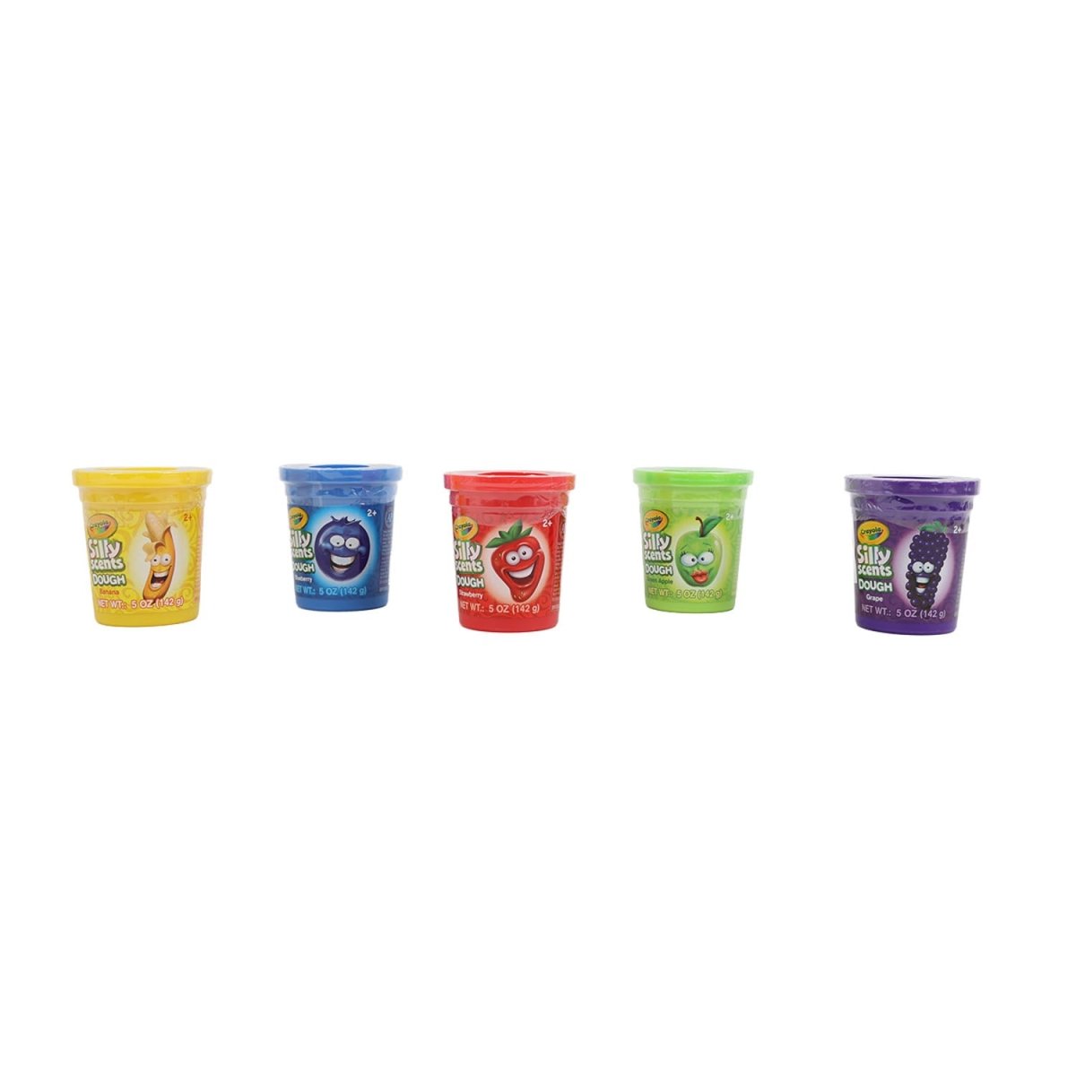 Crayola Silly Scents dough tubs: banana, blueberry, strawberry, green apple, grape.