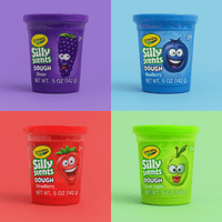 Crayola Silly Scents dough tubs: grape, blueberry, strawberry, green apple.