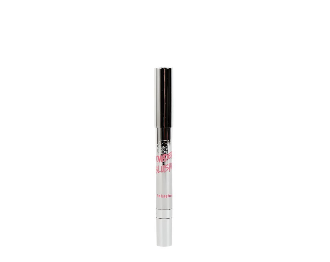 Creamy blush stick with cap on, silver base and dark top, pink-beige shade