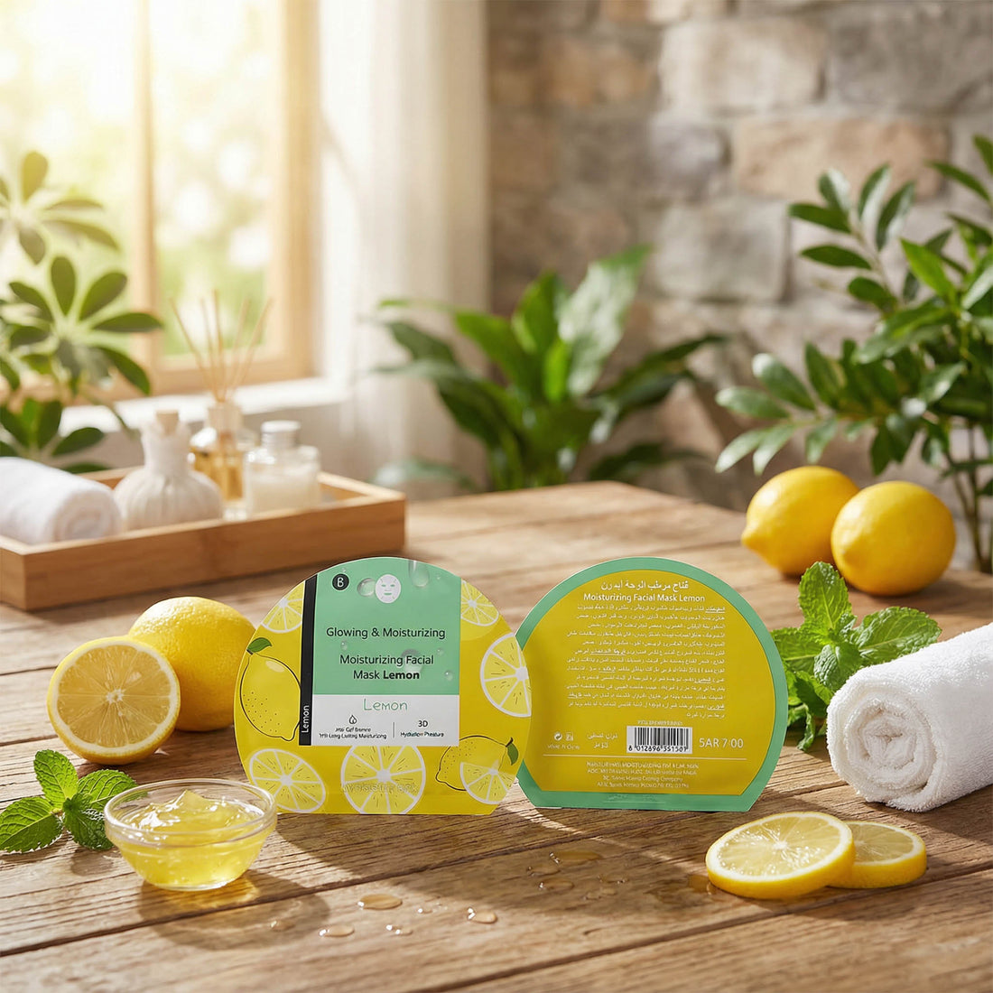 Lemon moisturizing facial mask package with front panel in green and yellow