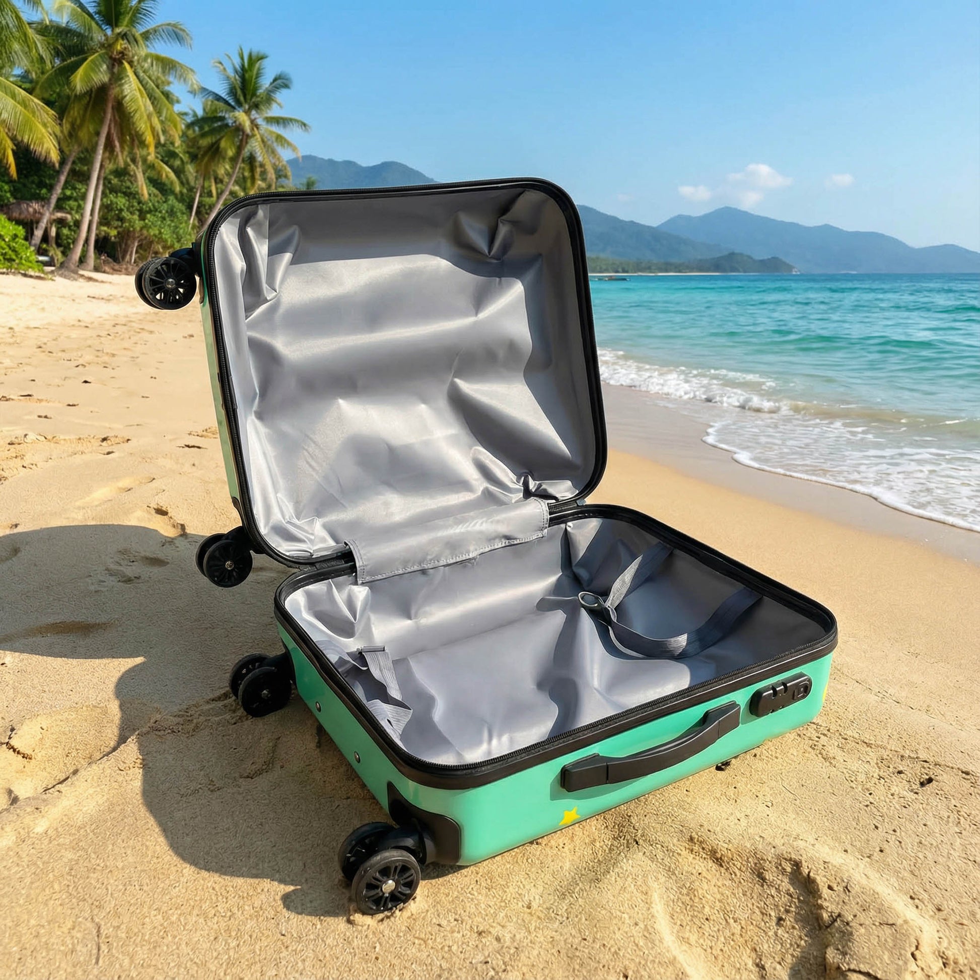 18-inch children's suitcase with teal exterior, open gray-lined interior and straps