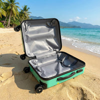 18-inch children's suitcase with teal exterior, open gray-lined interior and straps