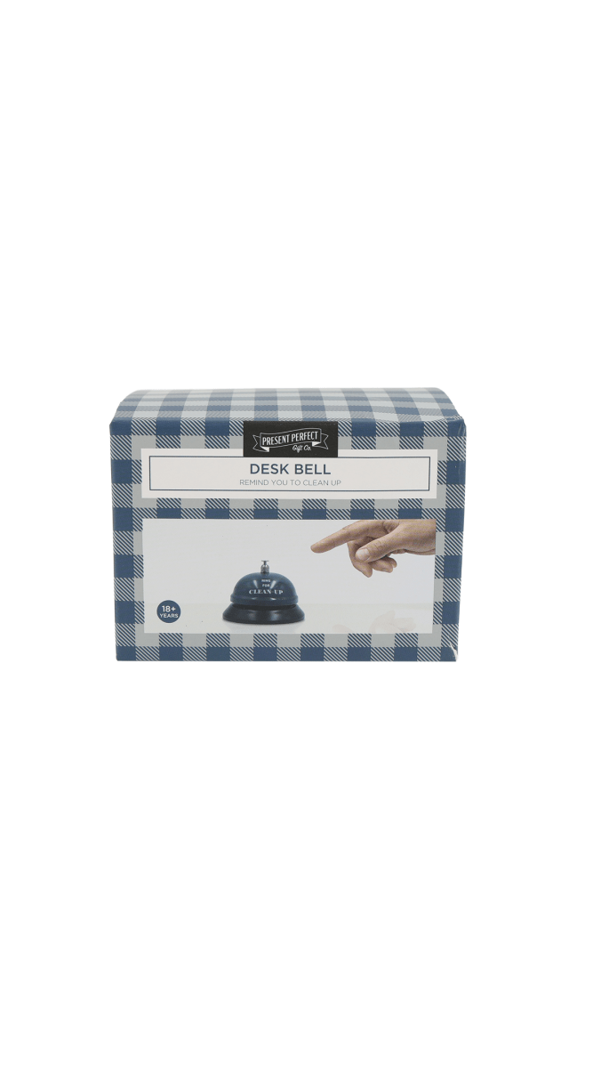 Retail box for desktop desk bell with blue check design and label