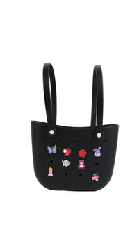Black silicone kids tote bag with double handles and colorful character charm accents