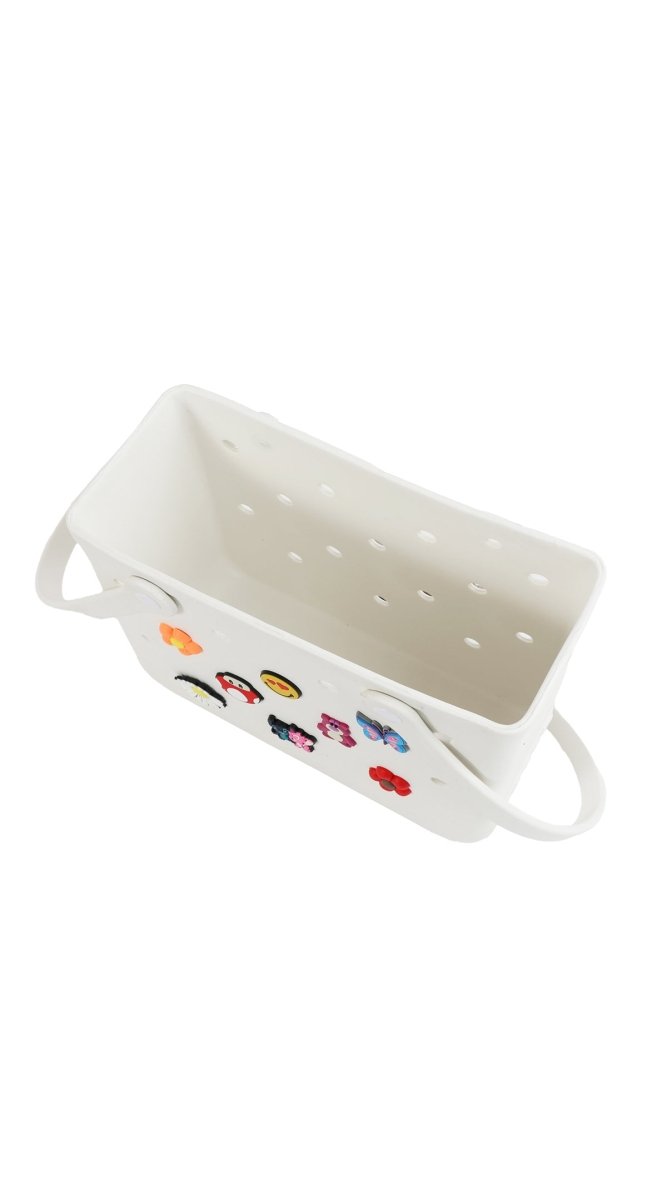 White silicone shower caddy tray with handles, angled view showing interior
