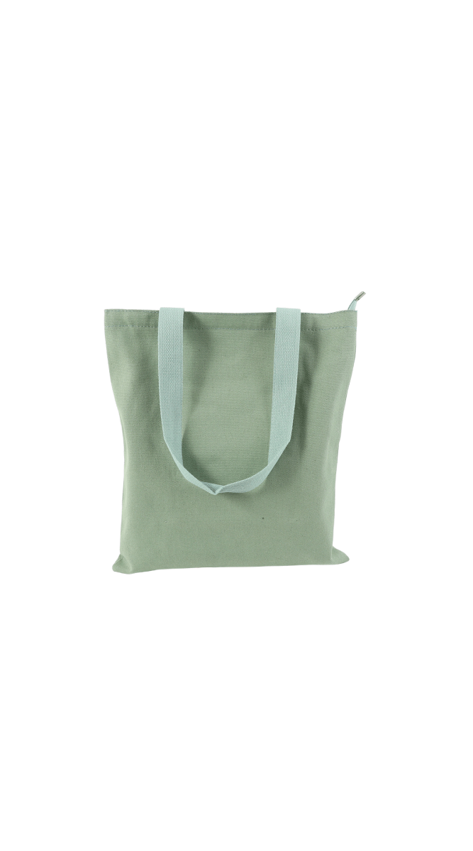 Mint green canvas tote bag with wide open top and fabric shoulder straps