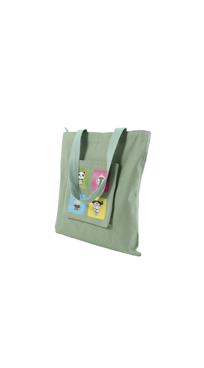 Mint green canvas tote bag with front animal patches and long shoulder handles