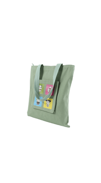 Mint green canvas tote bag with front animal patches and long shoulder handles
