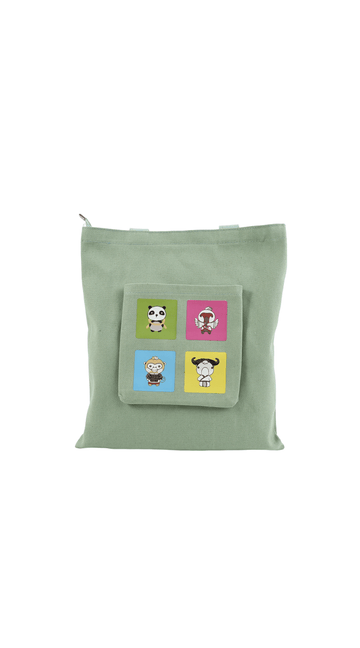 Mint green canvas tote bag with four cute animal square patches on front