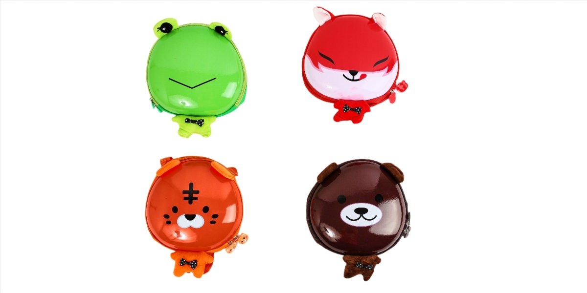 Set of four kids hard shell animal backpacks: frog, cat, tiger, bear