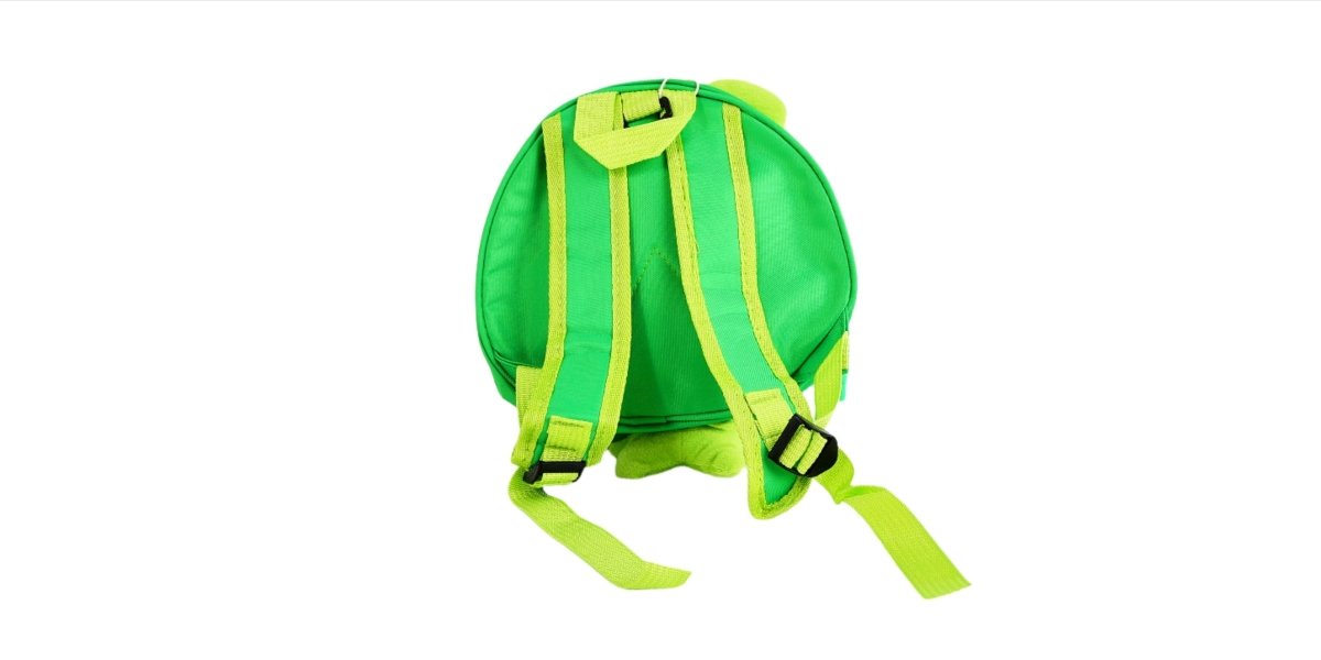 Green hard shell kids backpack with adjustable back straps and safety handle