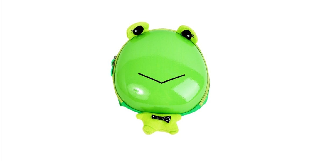 Green frog hard shell kids backpack, round face with eye details