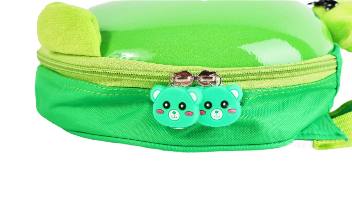 Green hard shell kids backpack front pocket with zipper and two cartoon animal faces