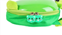 Green hard shell kids backpack front pocket with zipper and two cartoon animal faces