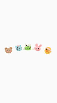 Collection of animal lapel pins with bear, cat, frog, bunny, and chick faces
