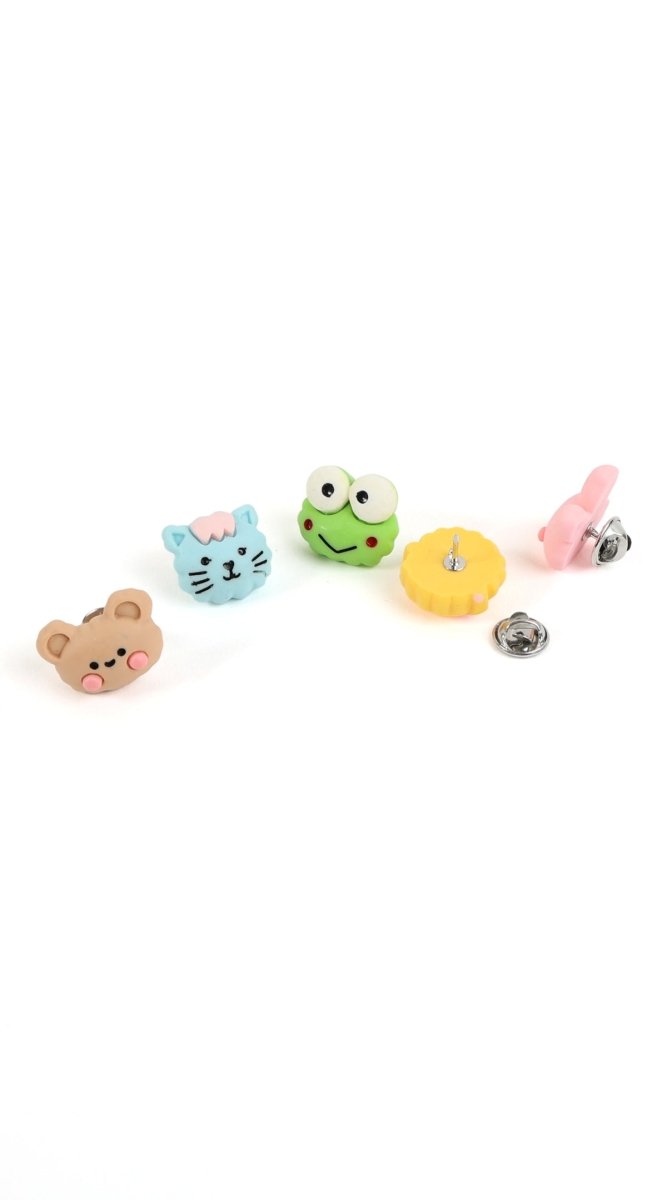 Set of cute animal lapel pins: bear, cat, frog, chick, and rabbit shapes