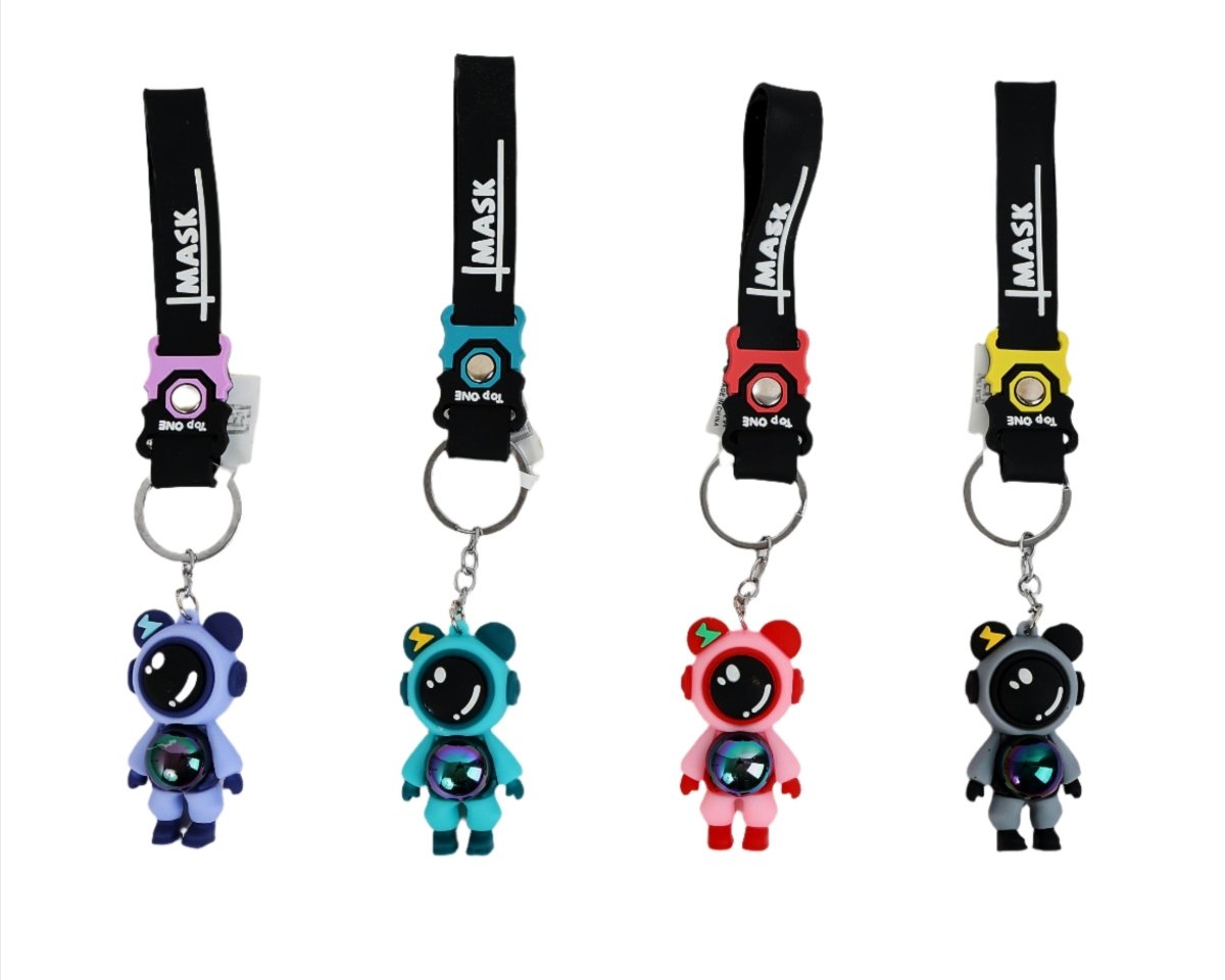 Astronaut keychains on black straps with blue, teal, red, and dark figures
