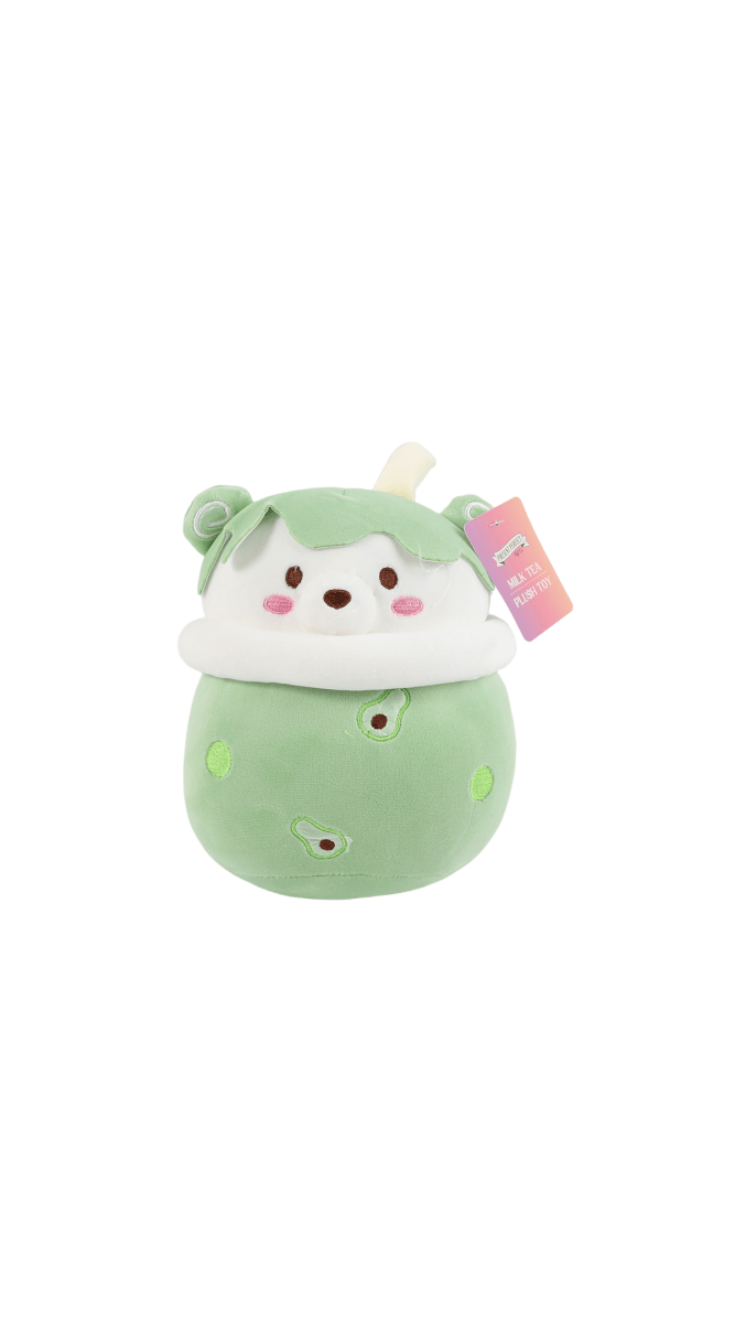 Green avocado plush with cute face, white hood-like top, side hang tag
