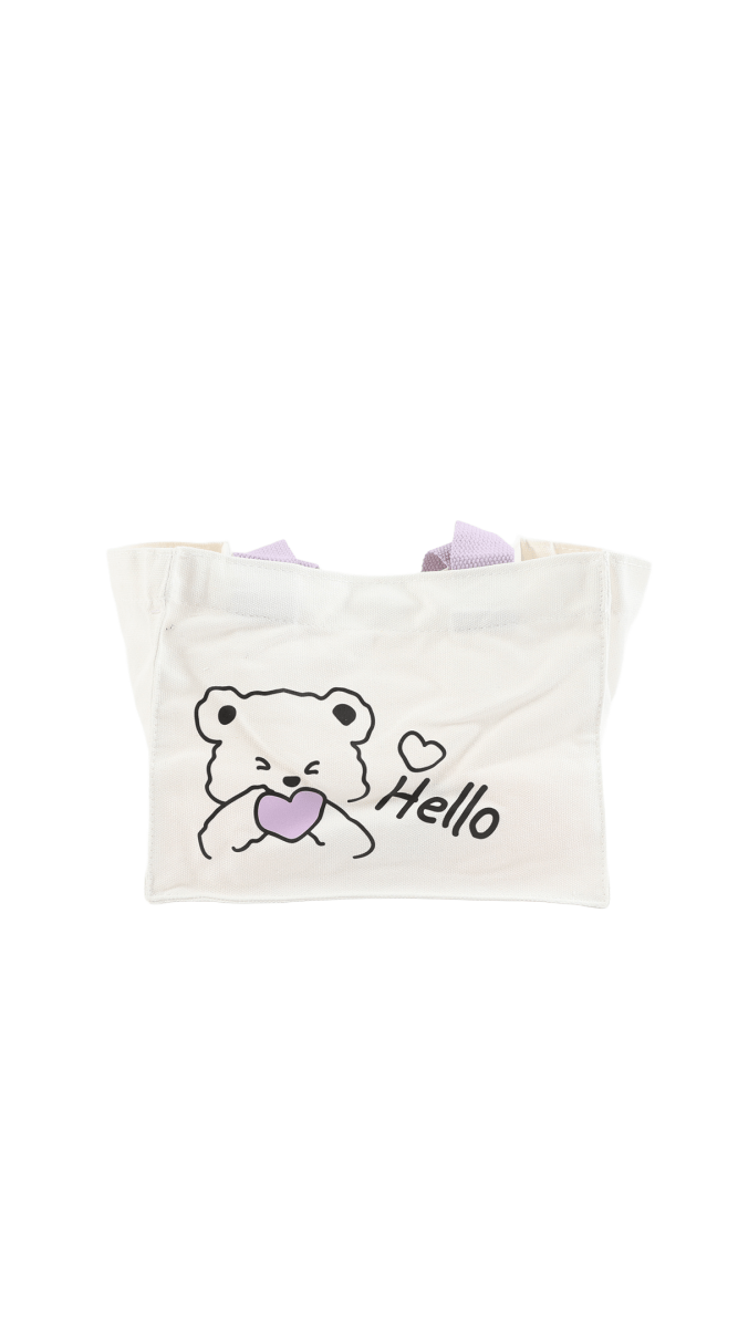 White canvas tote bag with cute bear graphic and 'Hello', lilac handles