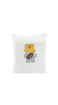 White canvas tote bag with cute bear wearing yellow bucket hat graphic