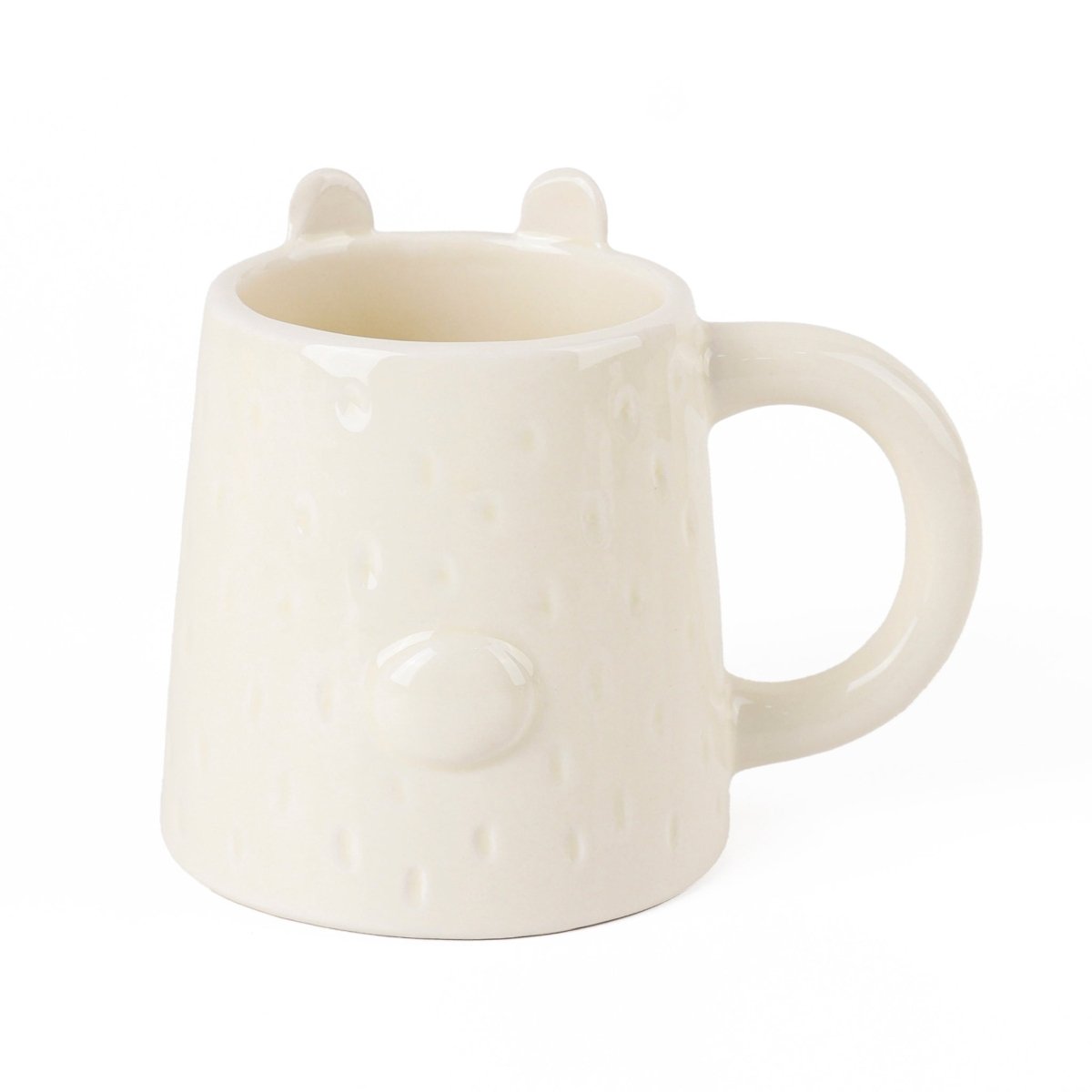 Cream ceramic mug with raised bear ears and side handle, smooth glossy finish