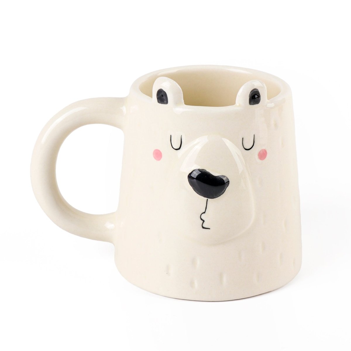 Bear-face ceramic mug with snout and handle, light cream color