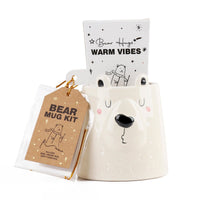 Bear-face ceramic mug with bear mug kit package and tag, cream color, gift set