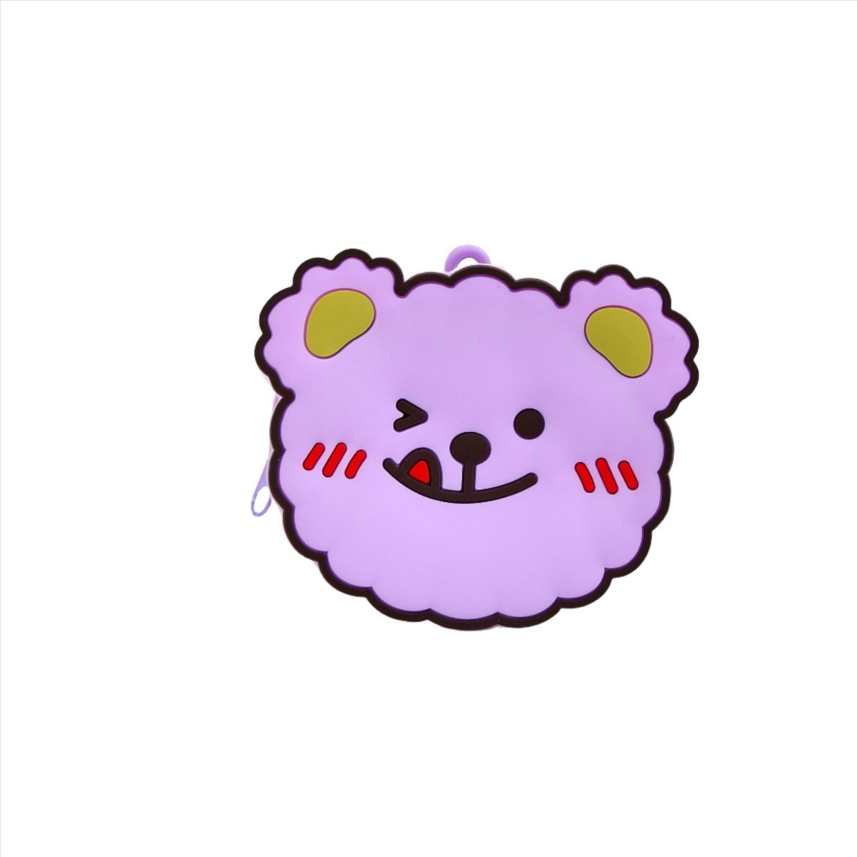 Purple bear coin purse keychain charm with yellow ear spots and cheerful face