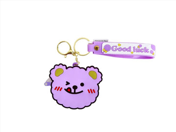 Purple bear coin purse keychain with gold clasp and purple wrist strap, smiling face design