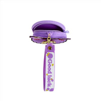 Purple zipper coin purse keychain with gold clasp and hanging ribbon strap