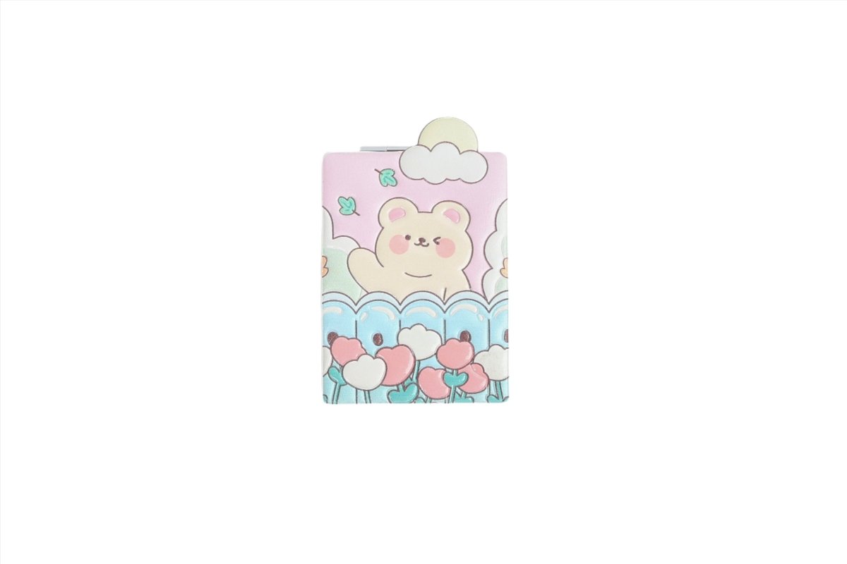 Compact mirror cover with cute bear face, pastel clouds, and colorful heart accents.