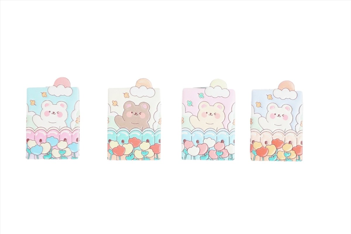 Compact mirror case with cute bear and cloud design in pastel colors