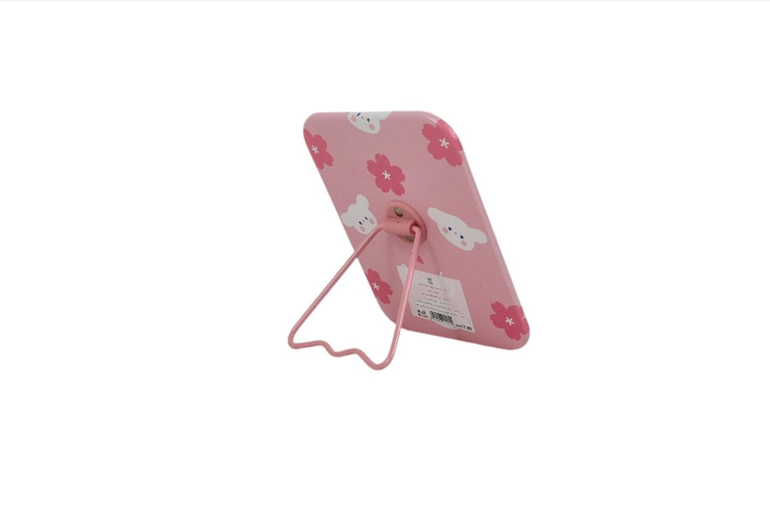 Pink table mirror with bracket stand, bunny and cherry blossom pattern.