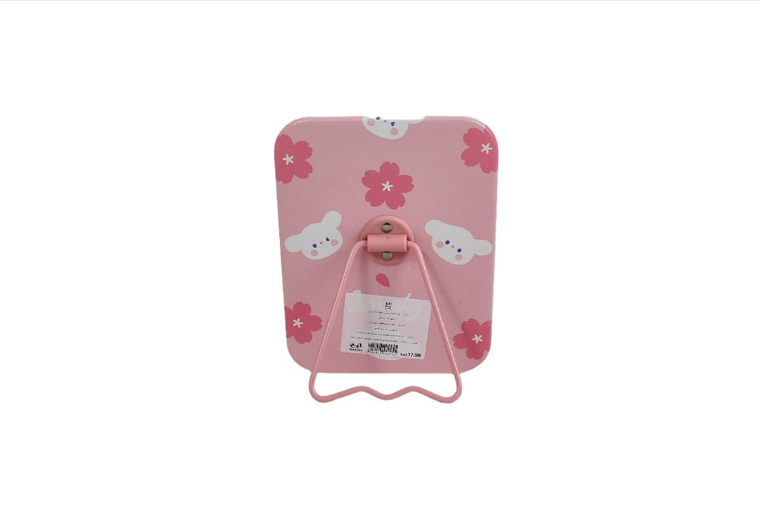Pink table mirror backing with fold stand, hanging hook bracket.