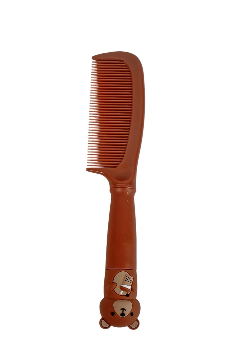 Brown kids comb with bear applique on handle and fine comb teeth