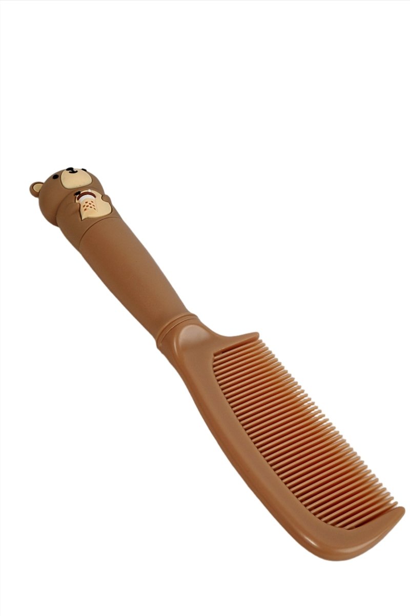 Brown kids comb with bear face on end and long fine comb teeth