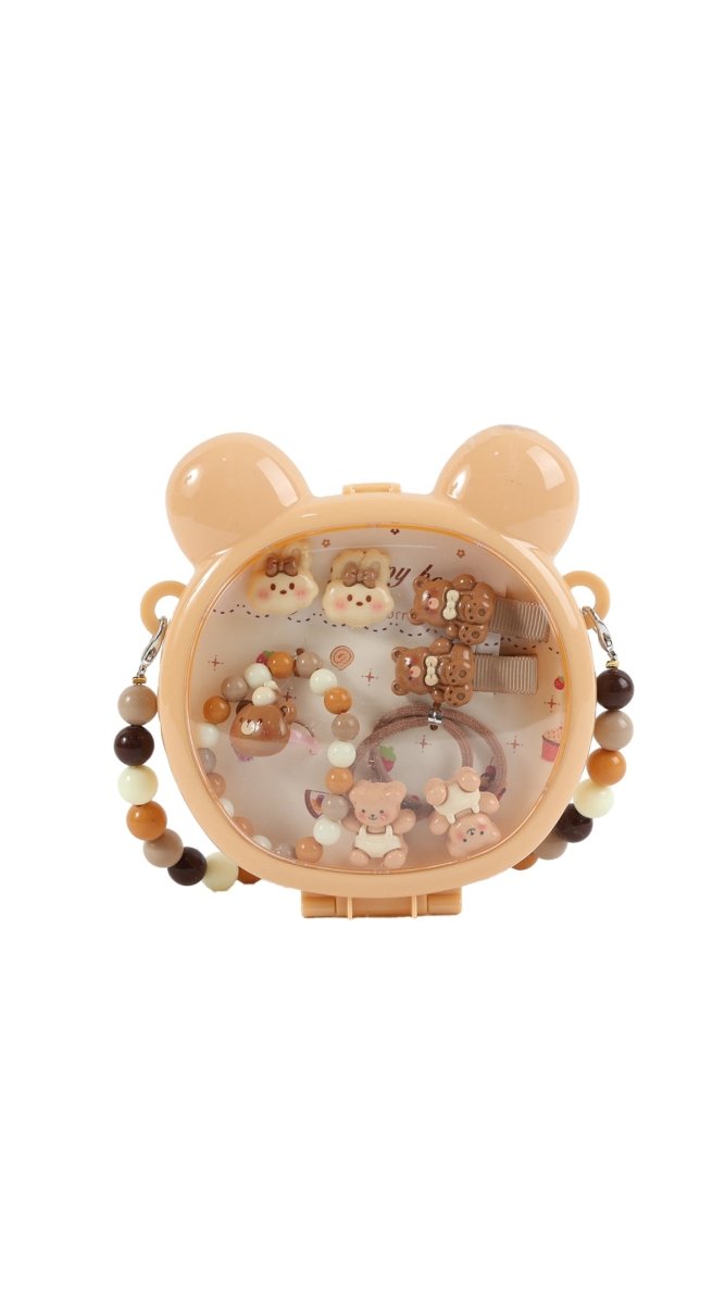 Kids bear hair accessory set with beaded ring and bear-ear hair clips