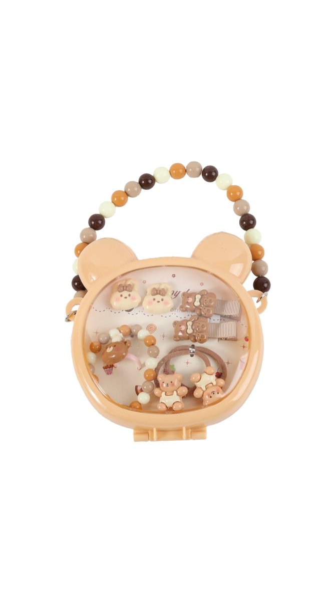 Kids bear hair accessory set with bead ring and round charm frame