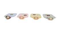Plush hot water bottle covers showing the round cap opening on light blue, pink, yellow, gray