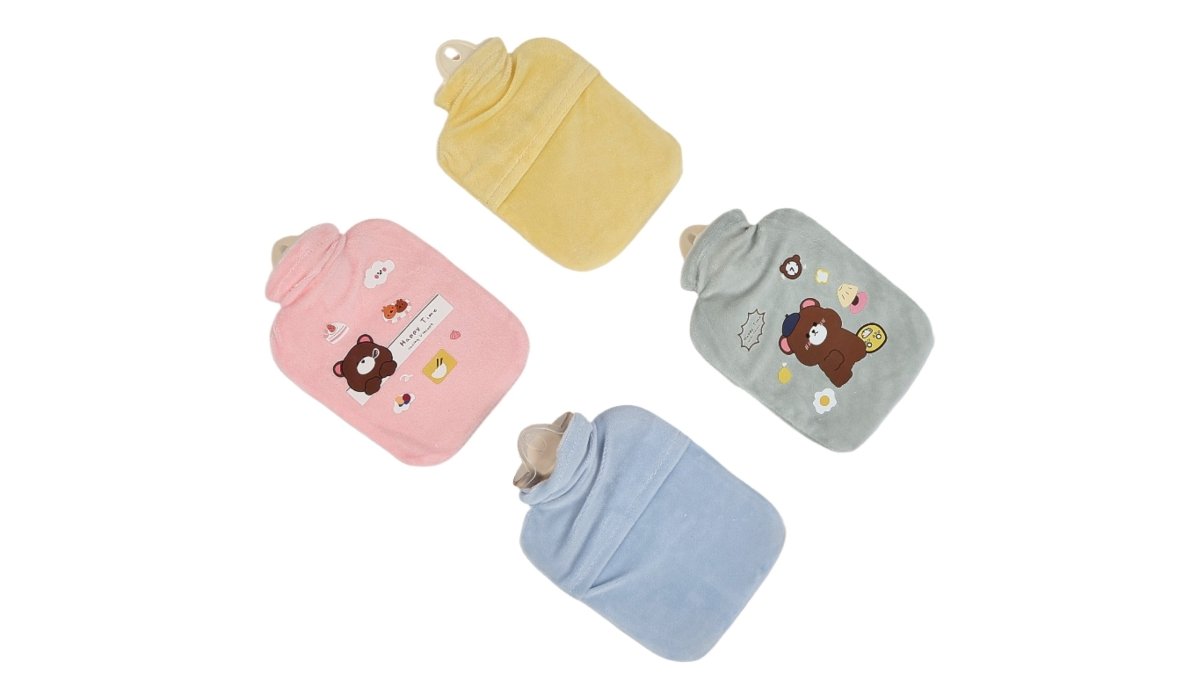 Plush hot water bottle covers with cute bear prints: yellow, pink, light blue, gray