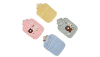 Plush hot water bottle covers with cute bear prints: yellow, pink, light blue, gray