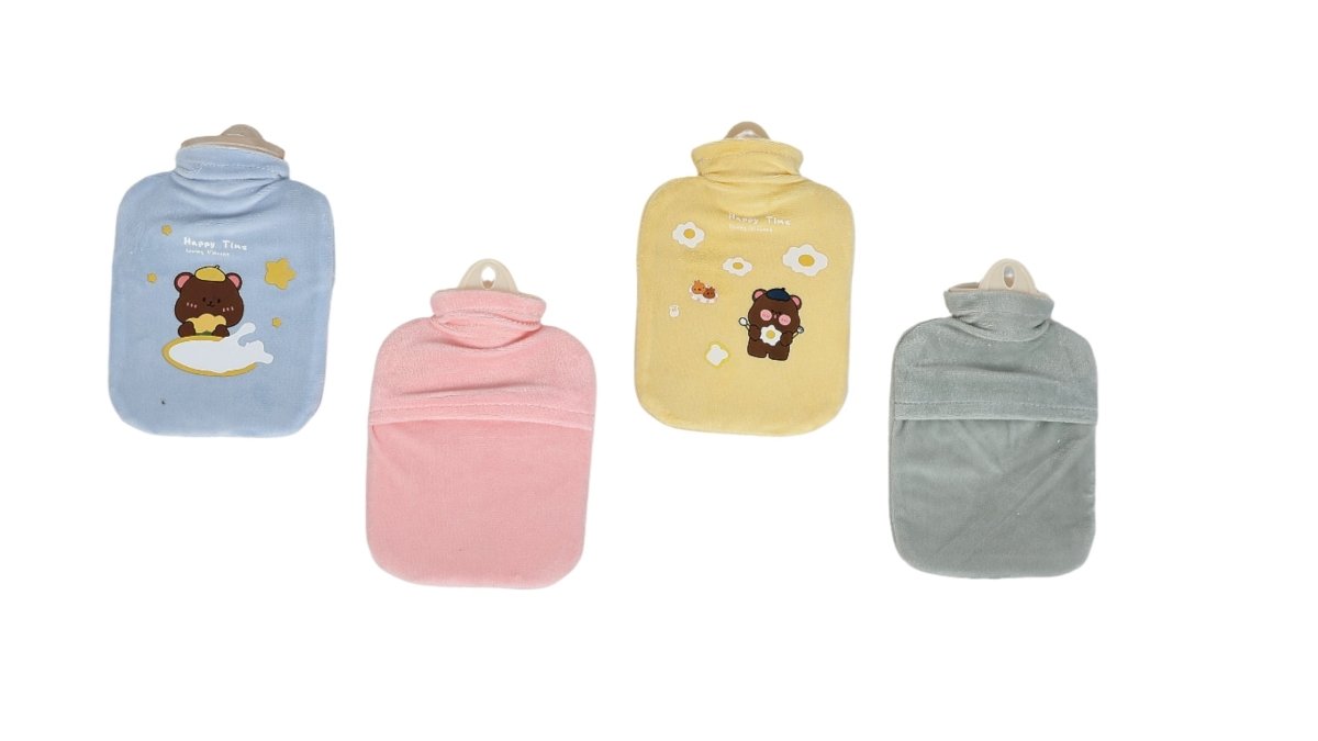 Plush hot water bottle covers with bear appliques: light blue, pink, yellow, gray