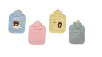 Plush hot water bottle covers with bear appliques: light blue, pink, yellow, gray