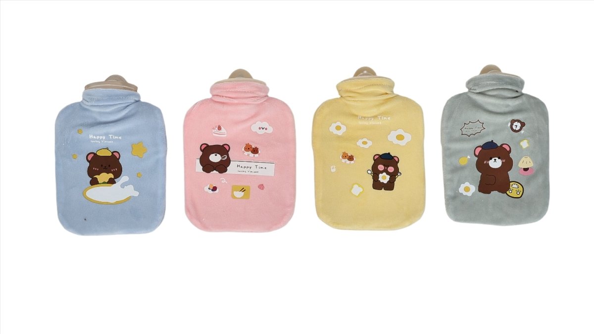 Plush hot water bottles with cute bear design, blue, pink, yellow, and gray covers