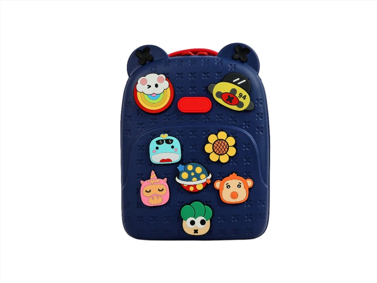 Navy kids silicone backpack front with multicolor animal patches and red top handle