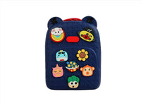 Navy kids silicone backpack front with multicolor animal patches and red top handle