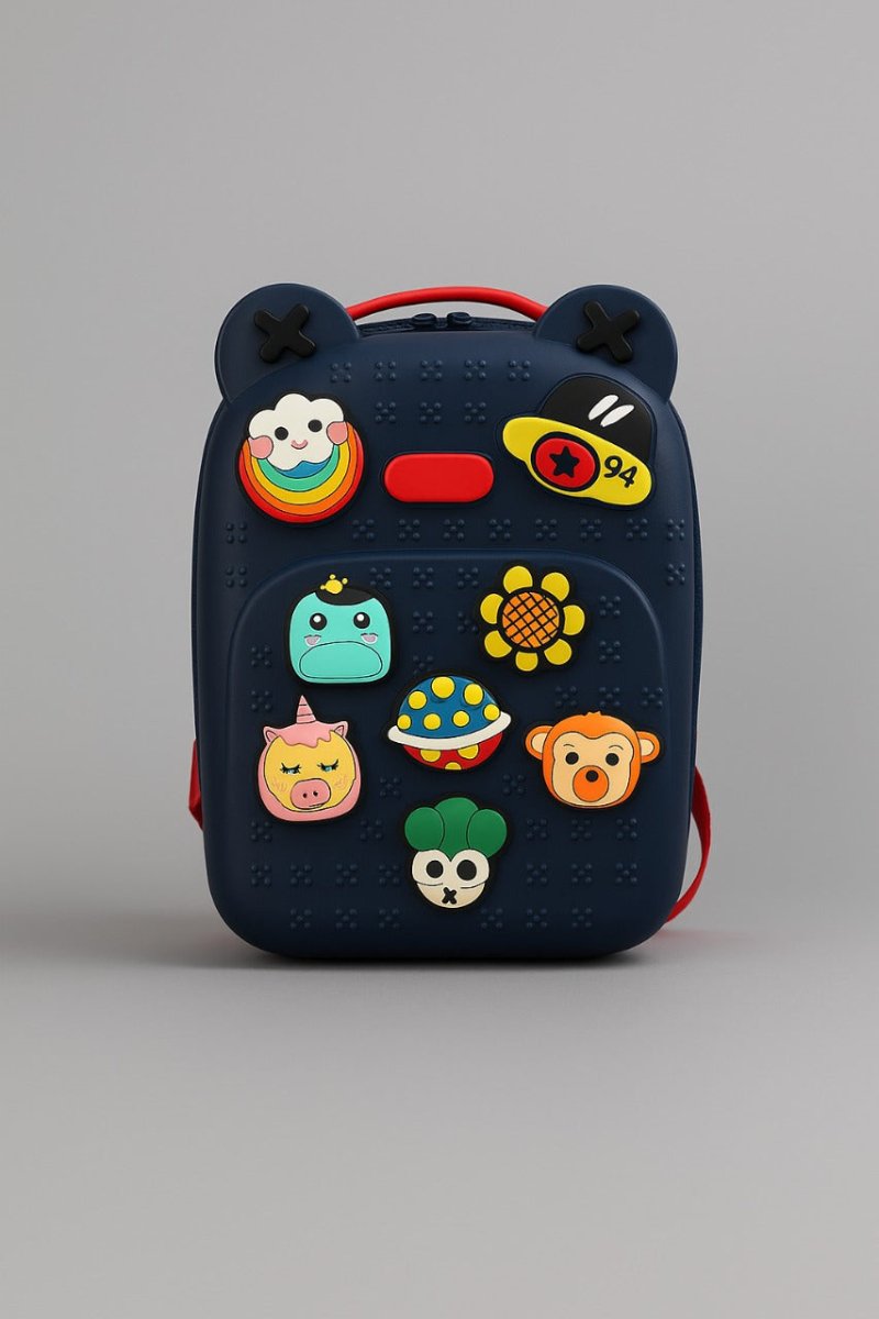 Navy kids silicone backpack with red handle and bear-ear corners, featuring animal patch icons