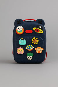 Navy kids silicone backpack with red handle and bear-ear corners, featuring animal patch icons